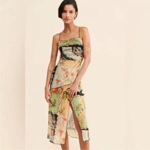 Urban Outfitters Postcard Print Midi Mesh Slip Dress Size L